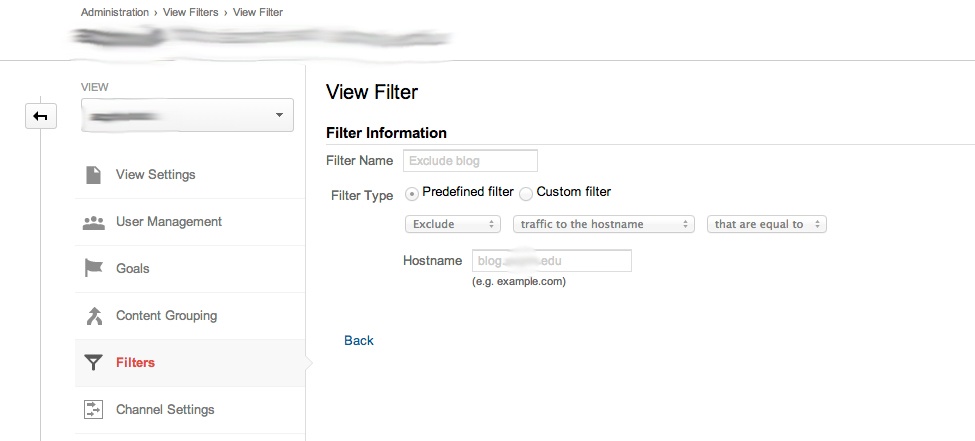 google analytics view to exclude blog