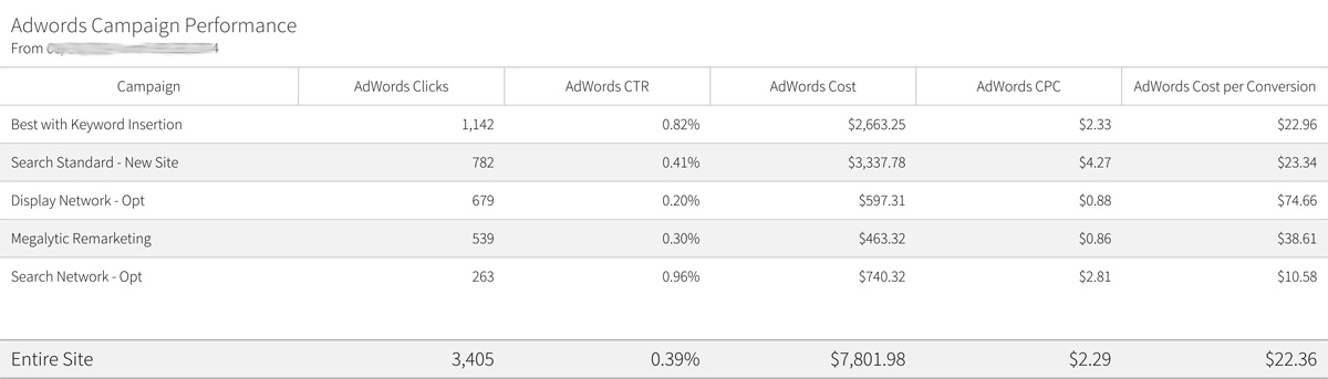 image of Megalytic's adwords campaign performance report