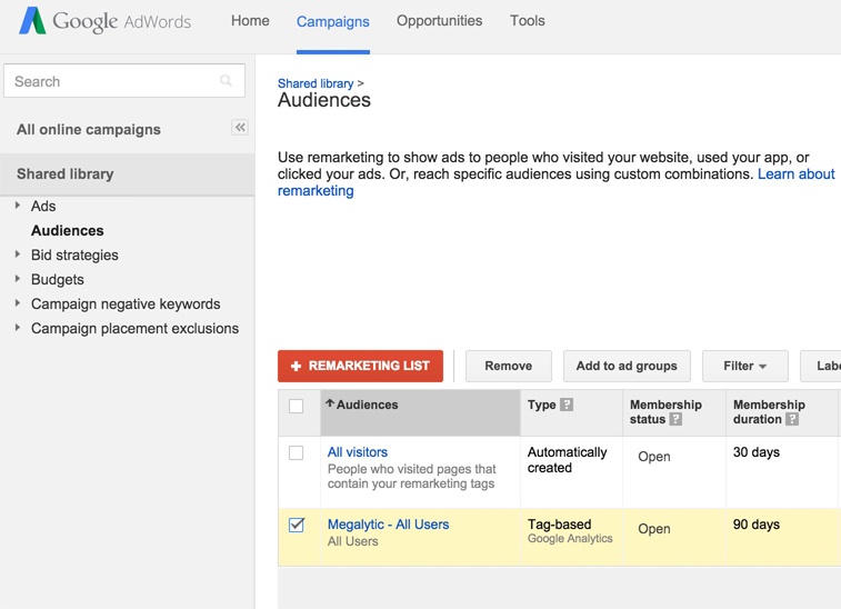 remarketing list in the adwords shared library