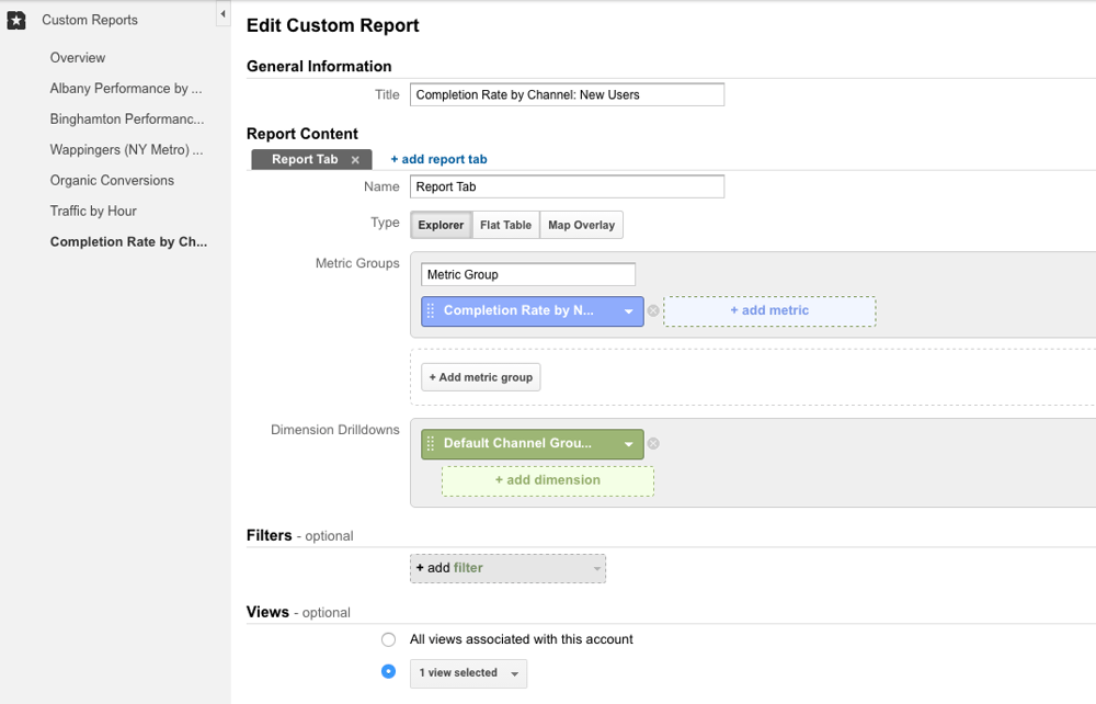 Google Analytics Create Completion Rate Report