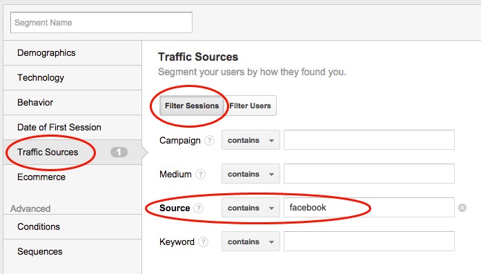 creating a google analytics segment for facebook traffic