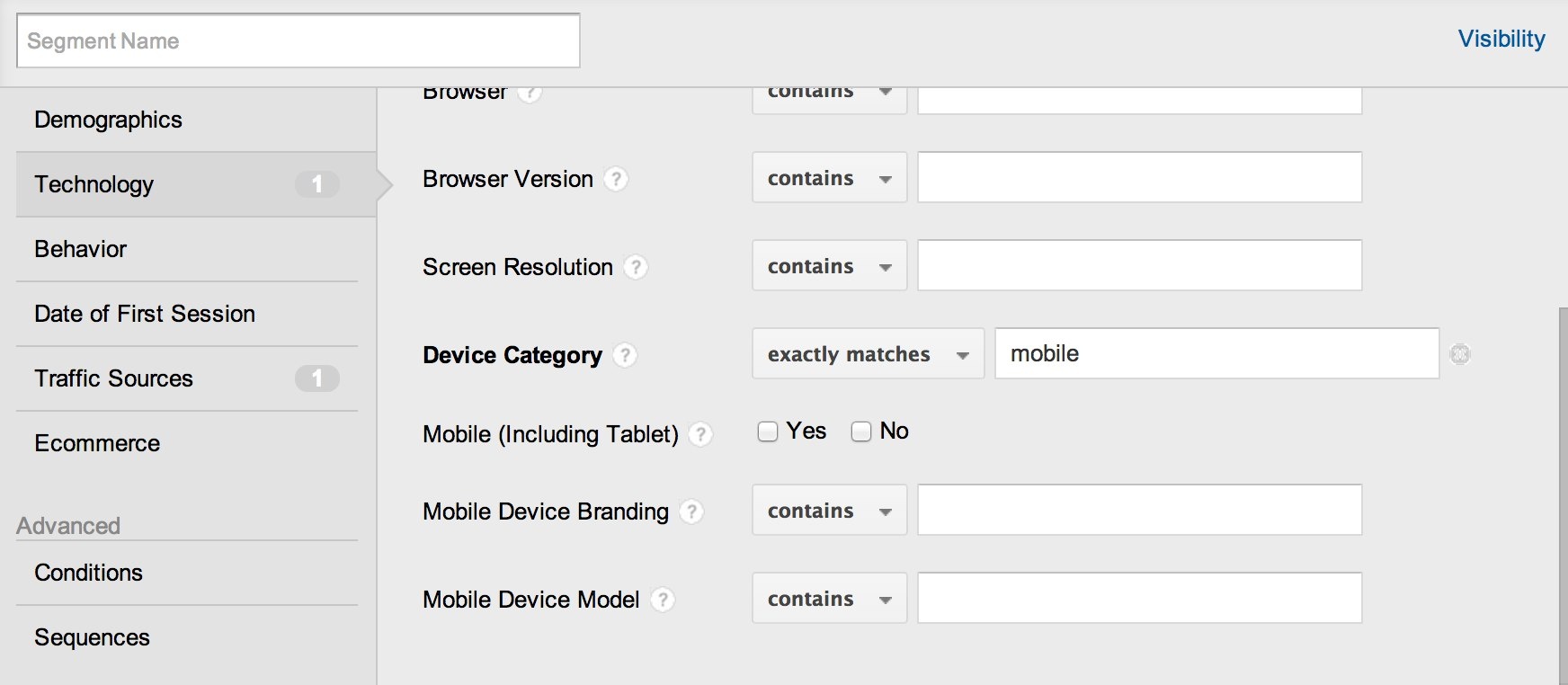 create segment with device category equals mobile