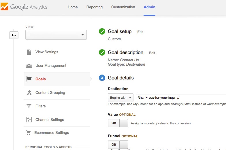 checking a goal setup in google analytics